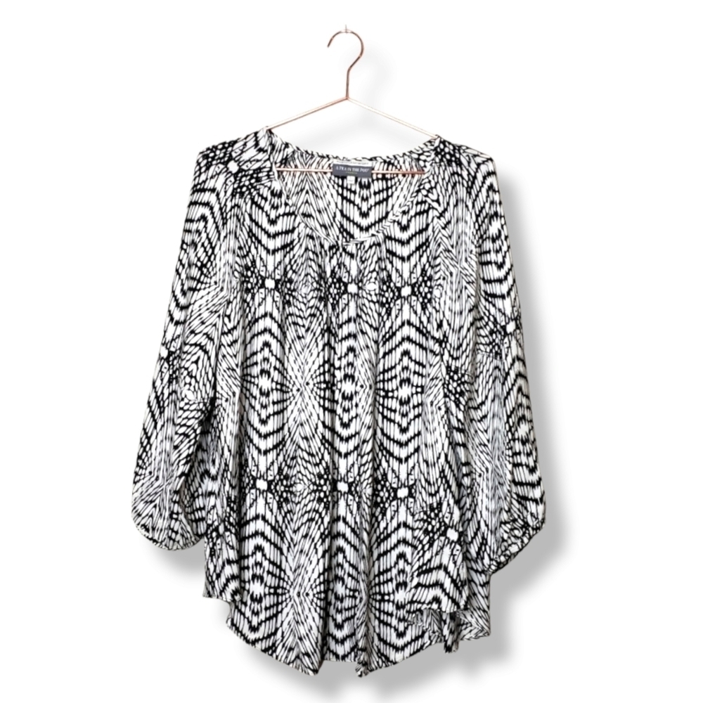 REBECCA‎ MINKOFF x A PEA IN THE POD Silk abstract print black & white blouse L